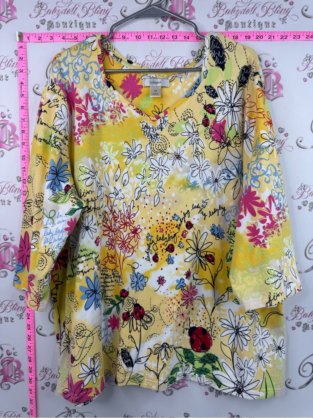 CJ Banks shirt ladybugs 🐞 Yellow Floral V-Neck Top with Multicolor Accents